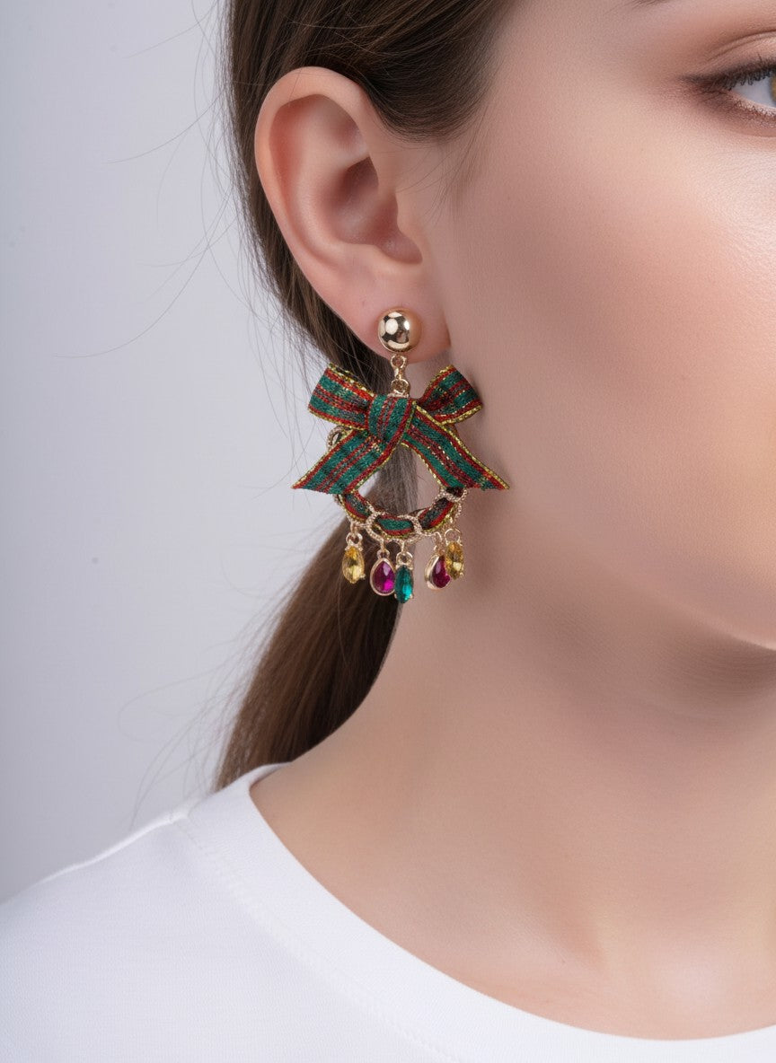 Rhinestone Ribbon Wreath Post Drop Earrings