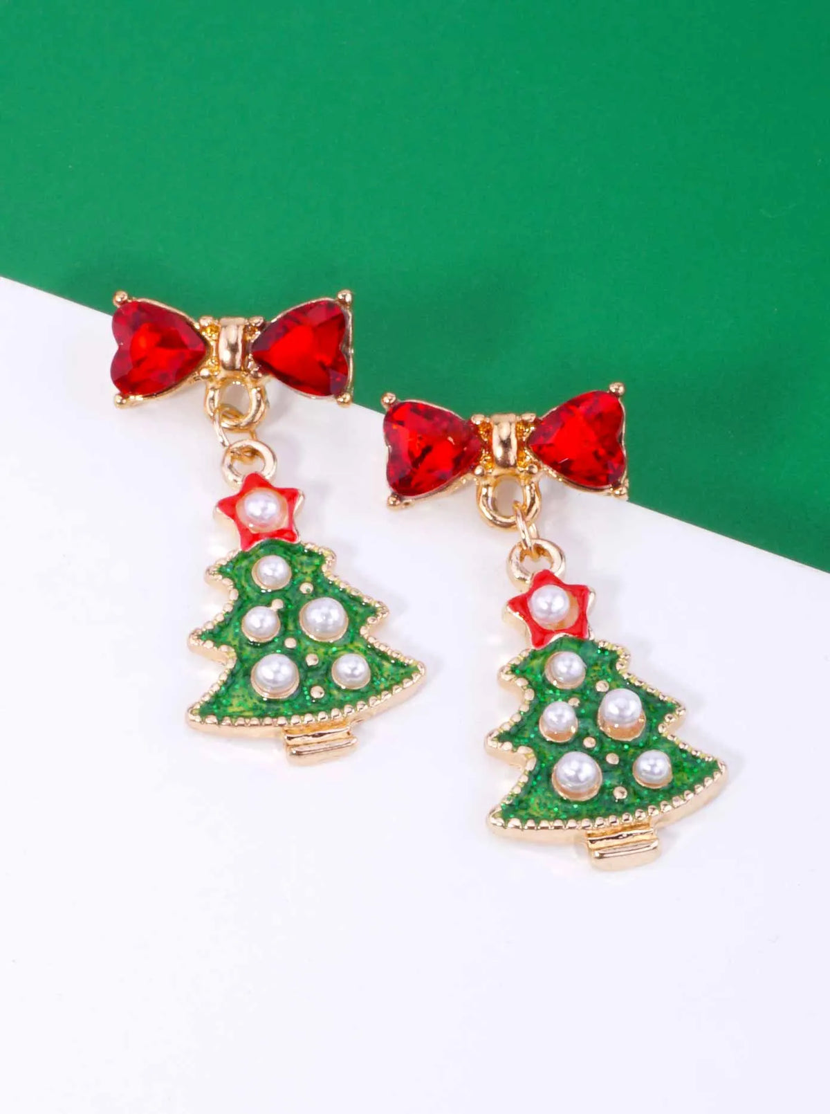 Pearl Christmas Tree Bow Post Drop Earrings