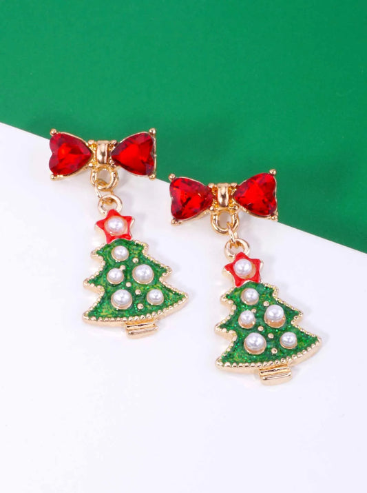 Pearl Christmas Tree Bow Post Drop Earrings