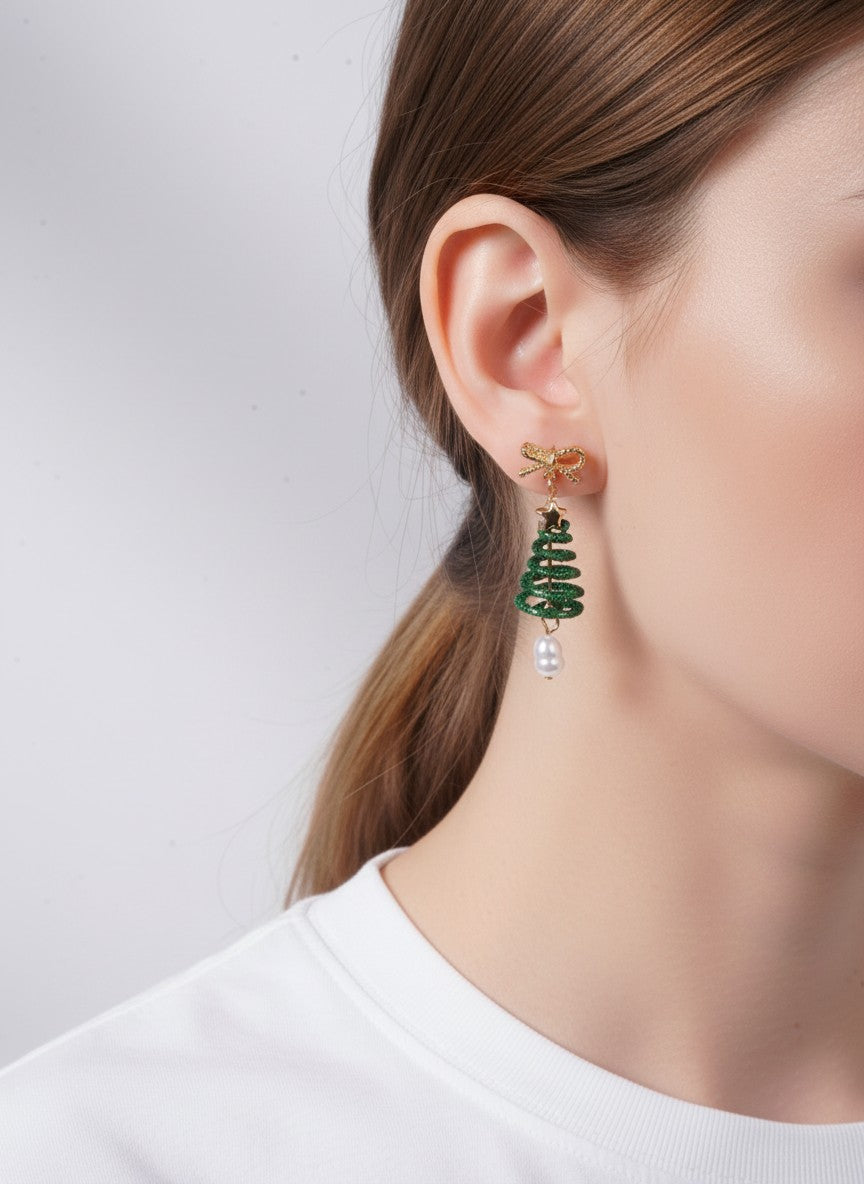 Pearl Textured Christmas Tree Bow Drop Earrings