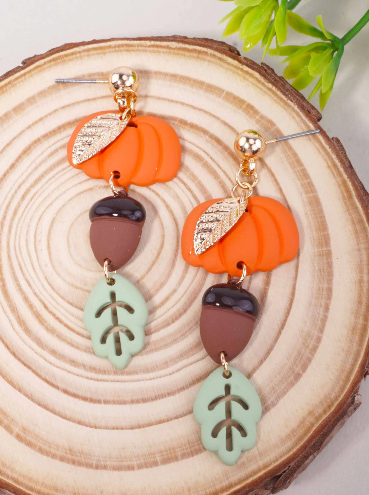 Pumpkin Acorn Leaf Matte Post Drop Earrings