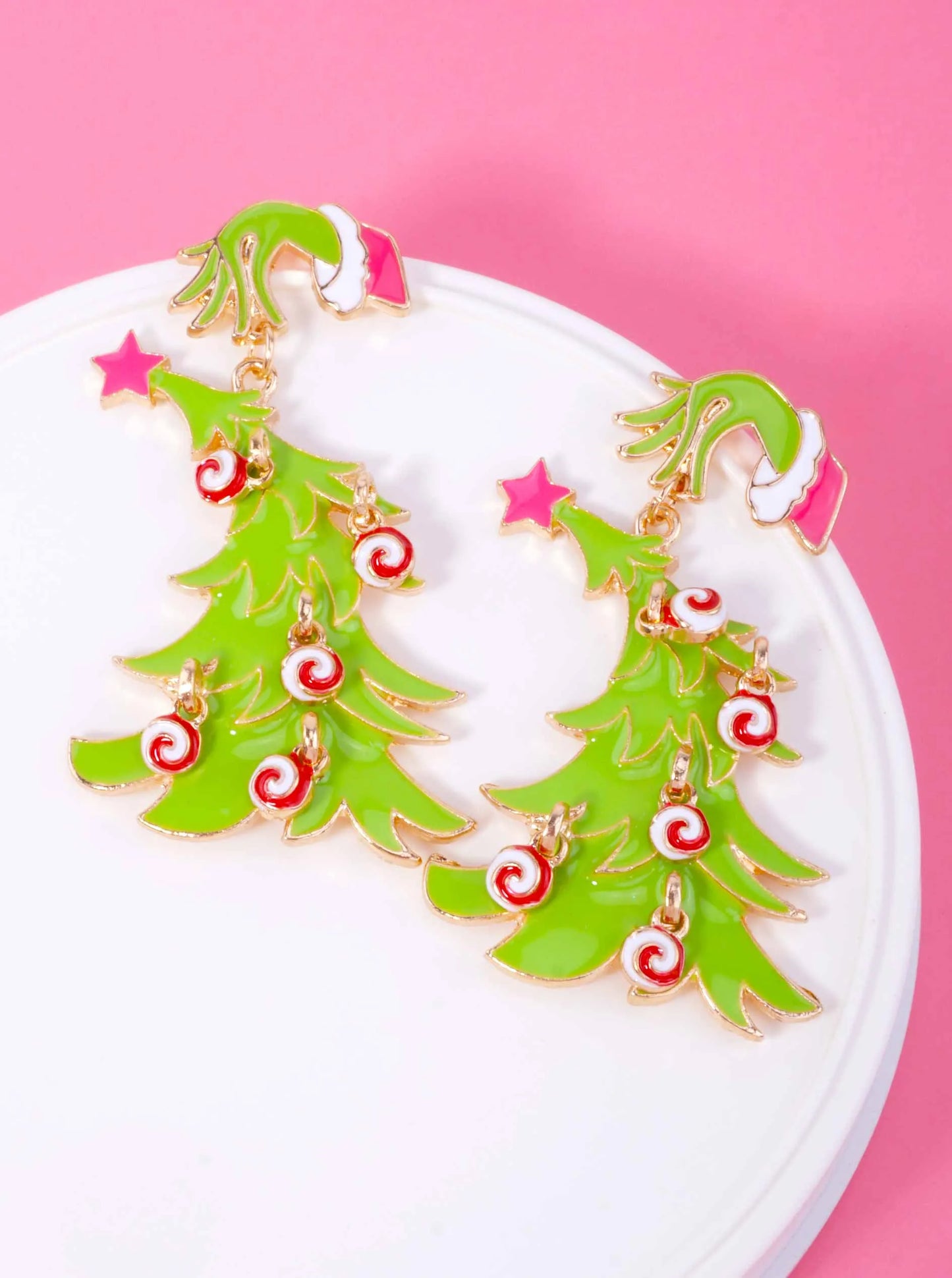 Grinch Hand Christmas Tree Enamel Drop Earrings