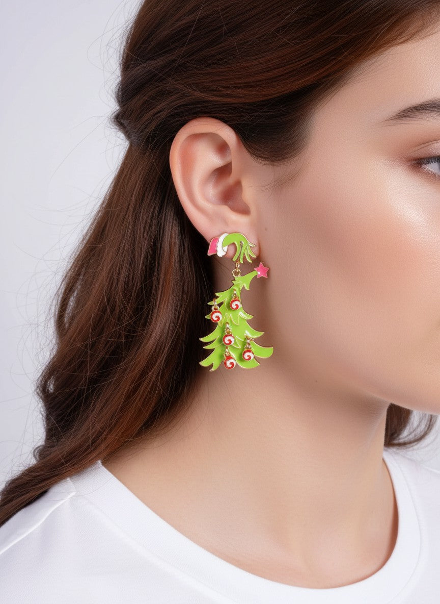 Grinch Hand Christmas Tree Enamel Drop Earrings