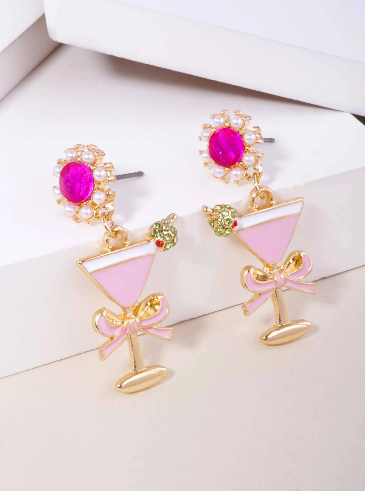 Rhinestone Pearl Martini Enamel Post Drop Earrings