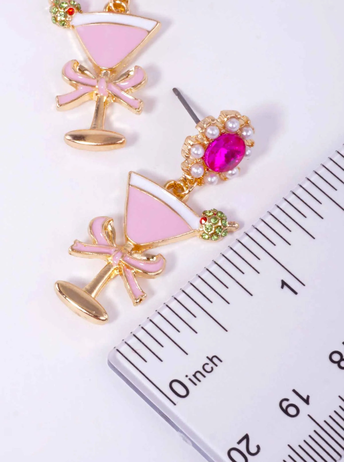 Rhinestone Pearl Martini Enamel Post Drop Earrings