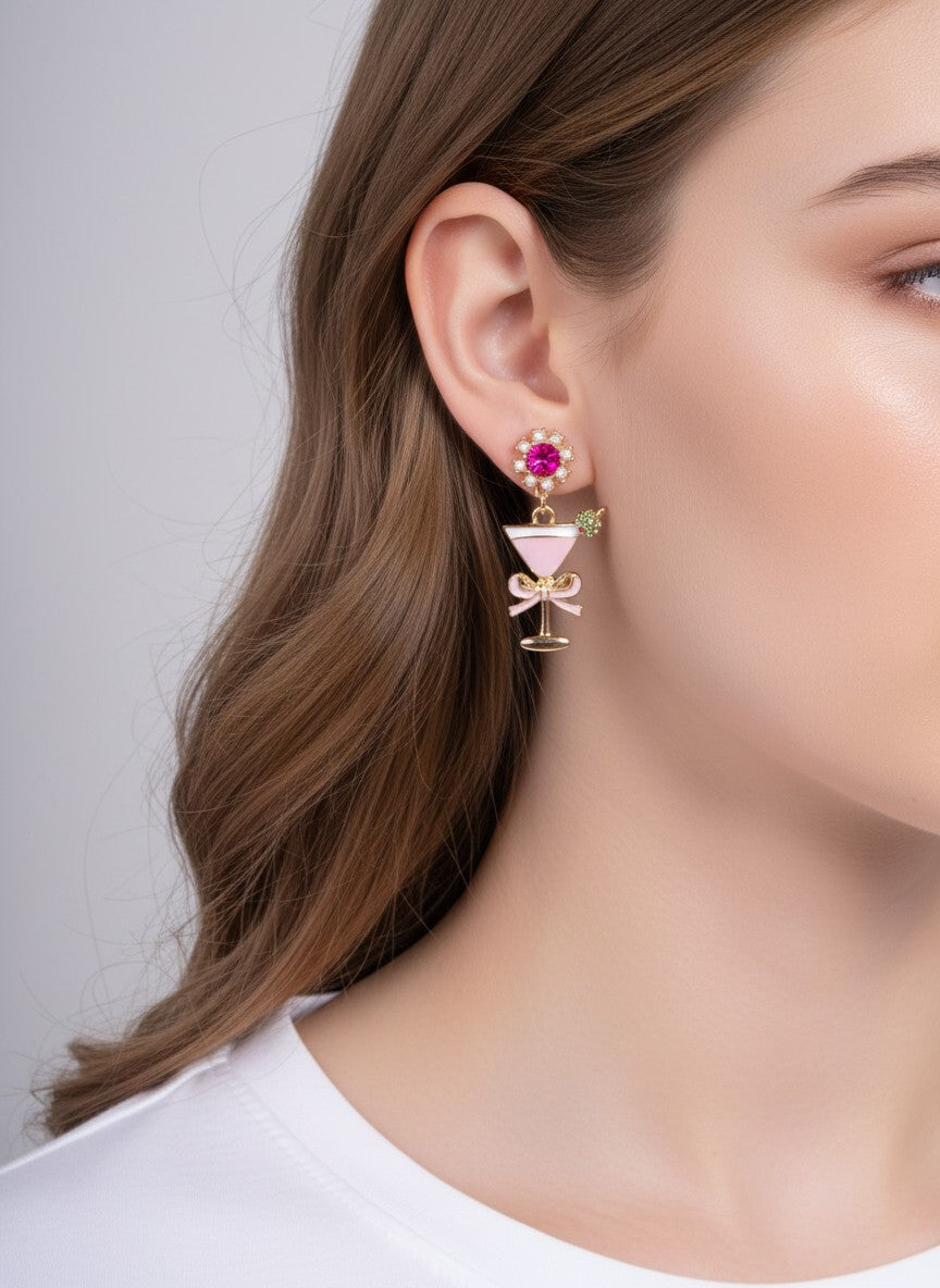 Rhinestone Pearl Martini Enamel Post Drop Earrings