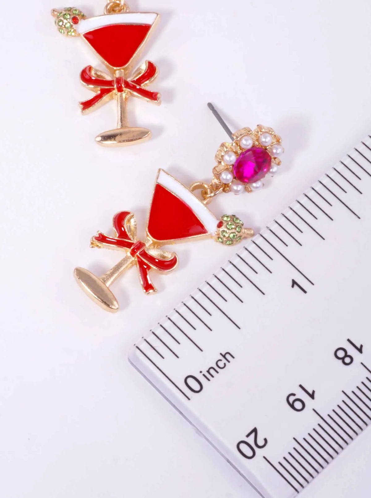 Rhinestone Pearl Martini Enamel Post Drop Earrings