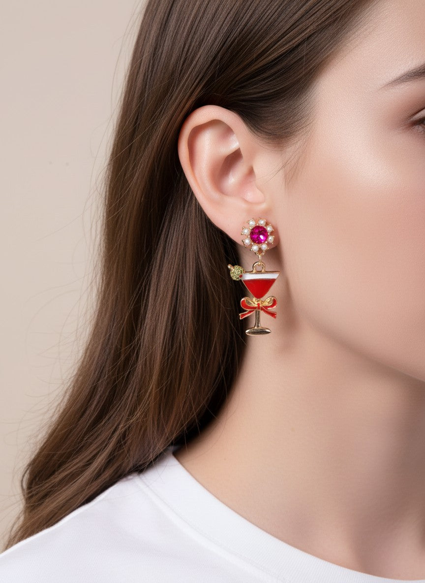 Rhinestone Pearl Martini Enamel Post Drop Earrings