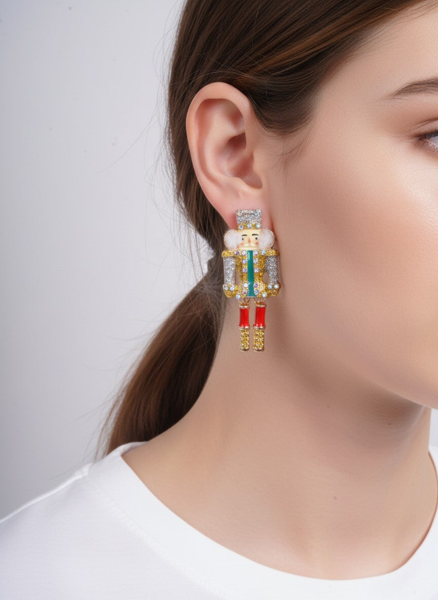 Rhinestone Enameled Nutcracker Post Earrings