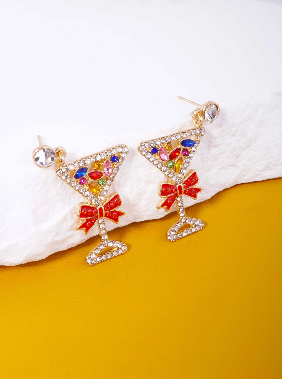 Polished Rhinestone Martini Bow Post Drop Earrings