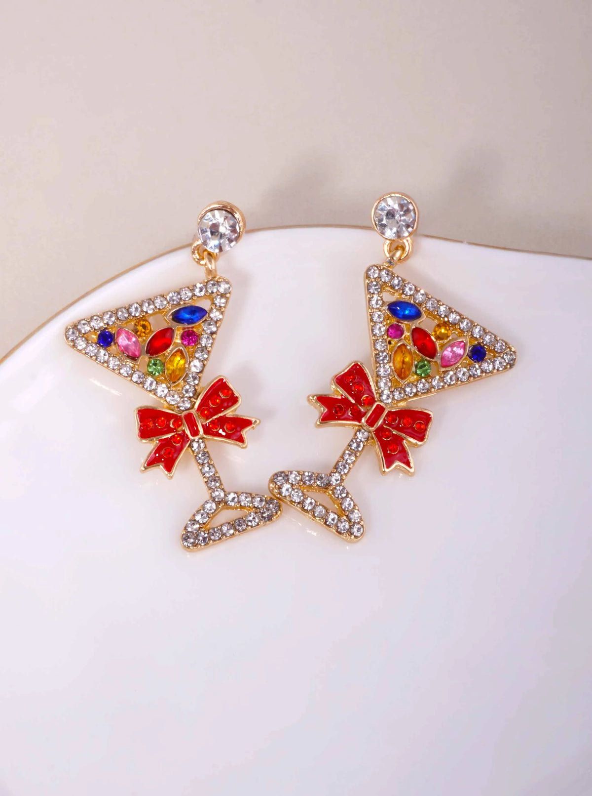 Polished Rhinestone Martini Bow Post Drop Earrings