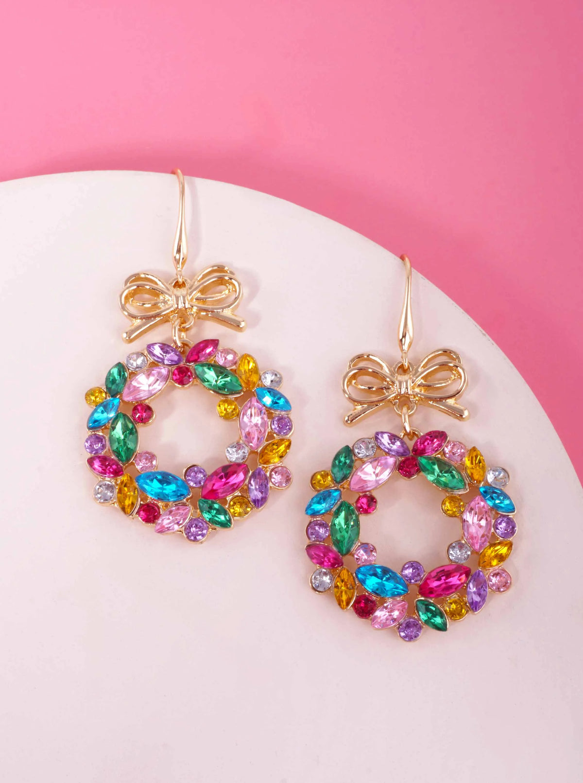 Multicolor Rhinestone Wreath Bow Hook Drop Earring