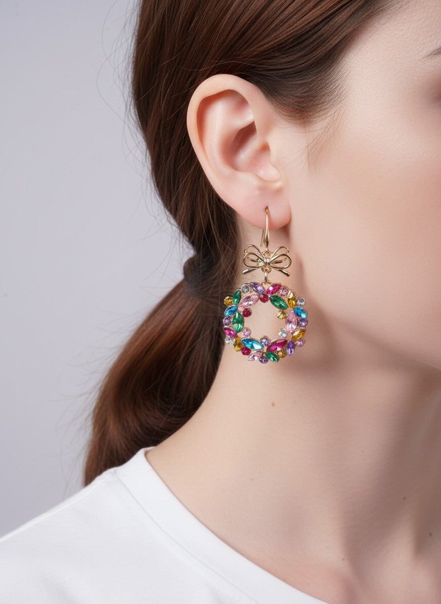 Multicolor Rhinestone Wreath Bow Hook Drop Earring