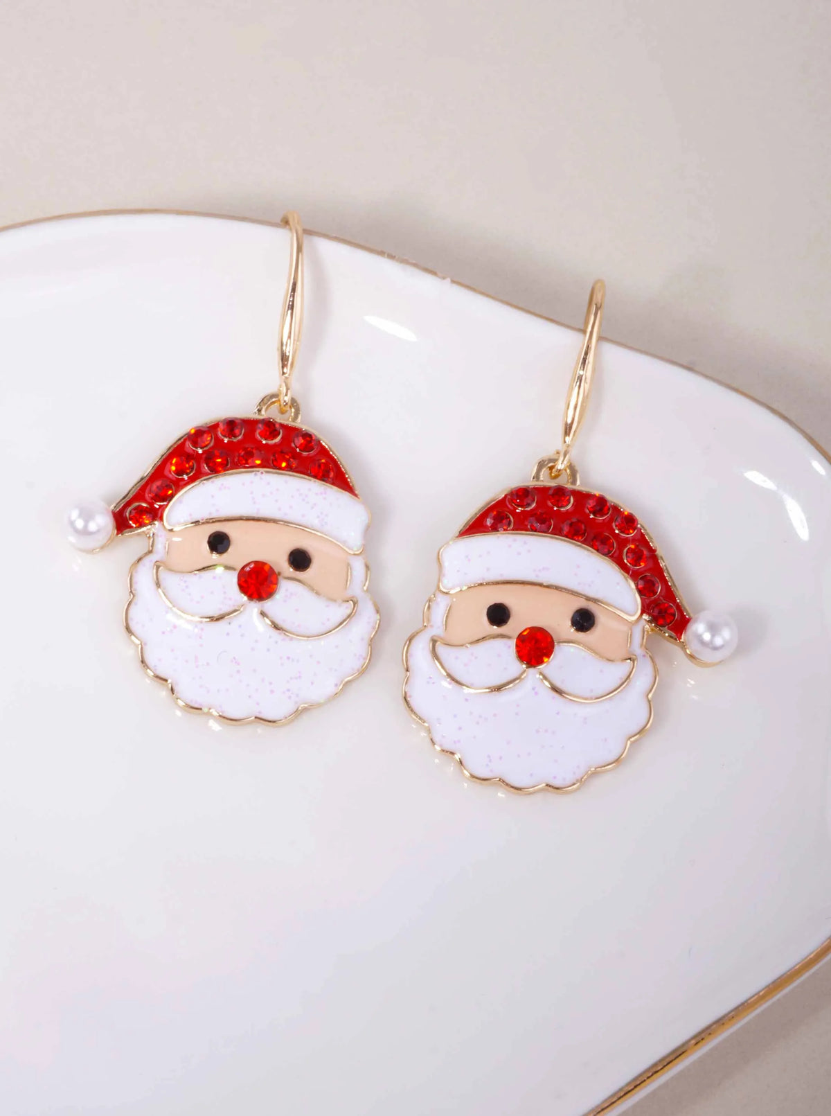 Pearl Rhinestone Enameled Santa Hook Drop Earrings