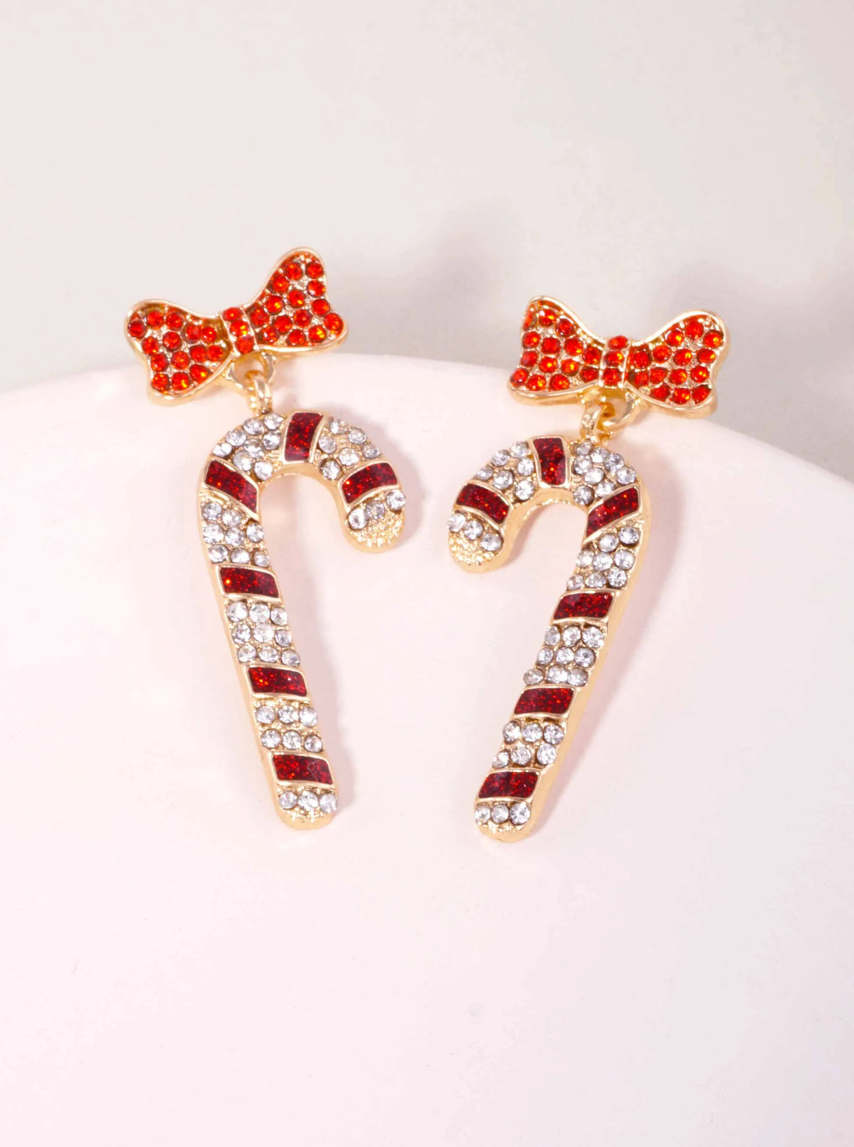 Rhinestone Candy Cane Pave Bow Post Drop Earrings