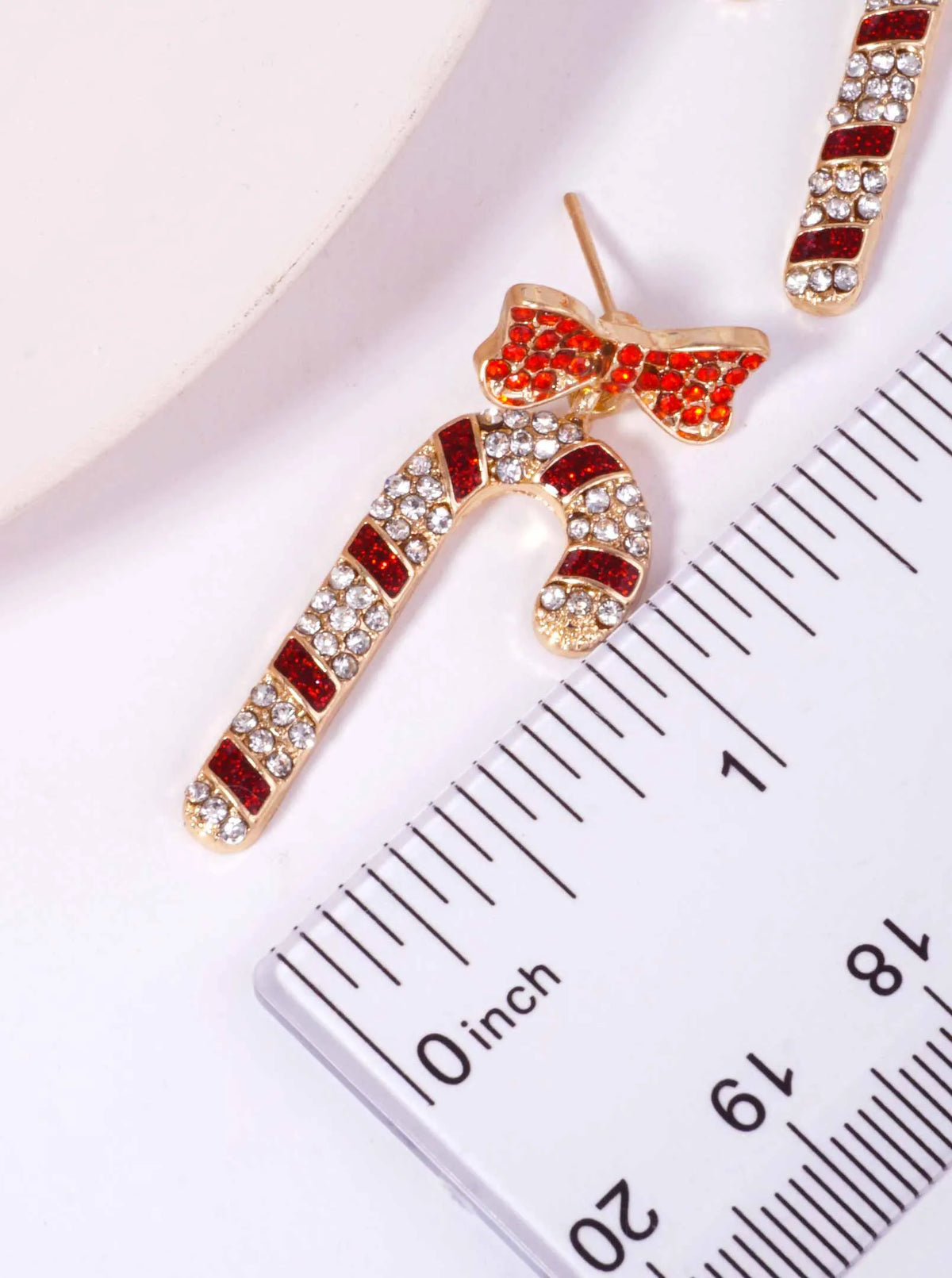 Rhinestone Candy Cane Pave Bow Post Drop Earrings