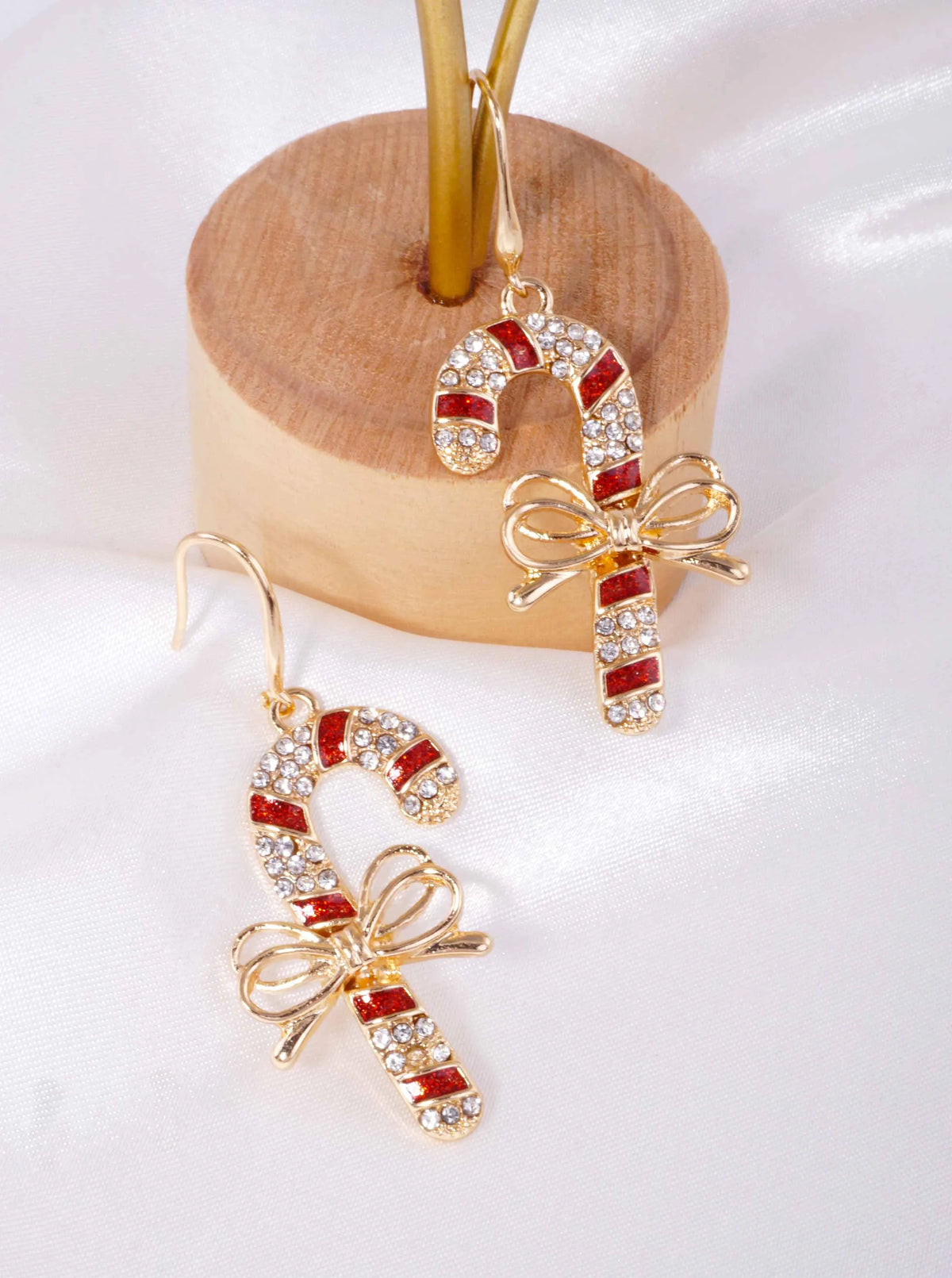 Rhinestone Pave Candy Cane Bow Hook Drop Earrings
