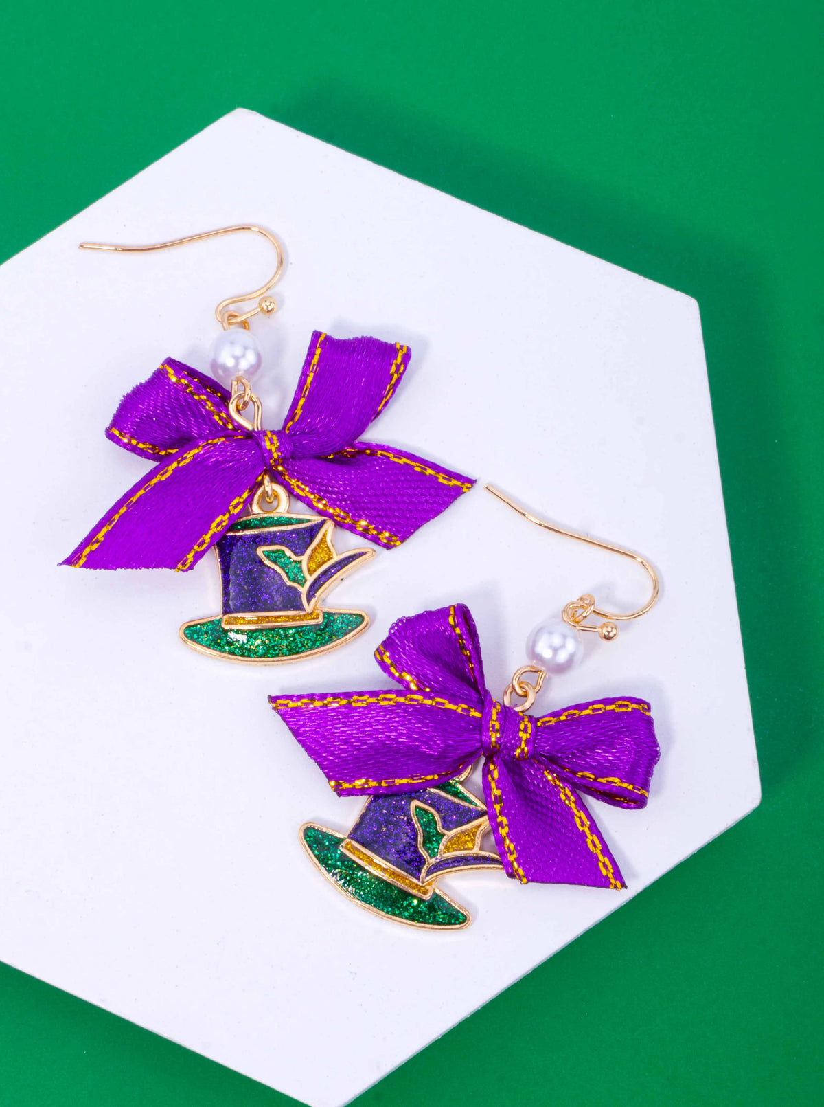 Glitter Mardi Gras Hat Bow Pearl Hook Earrings