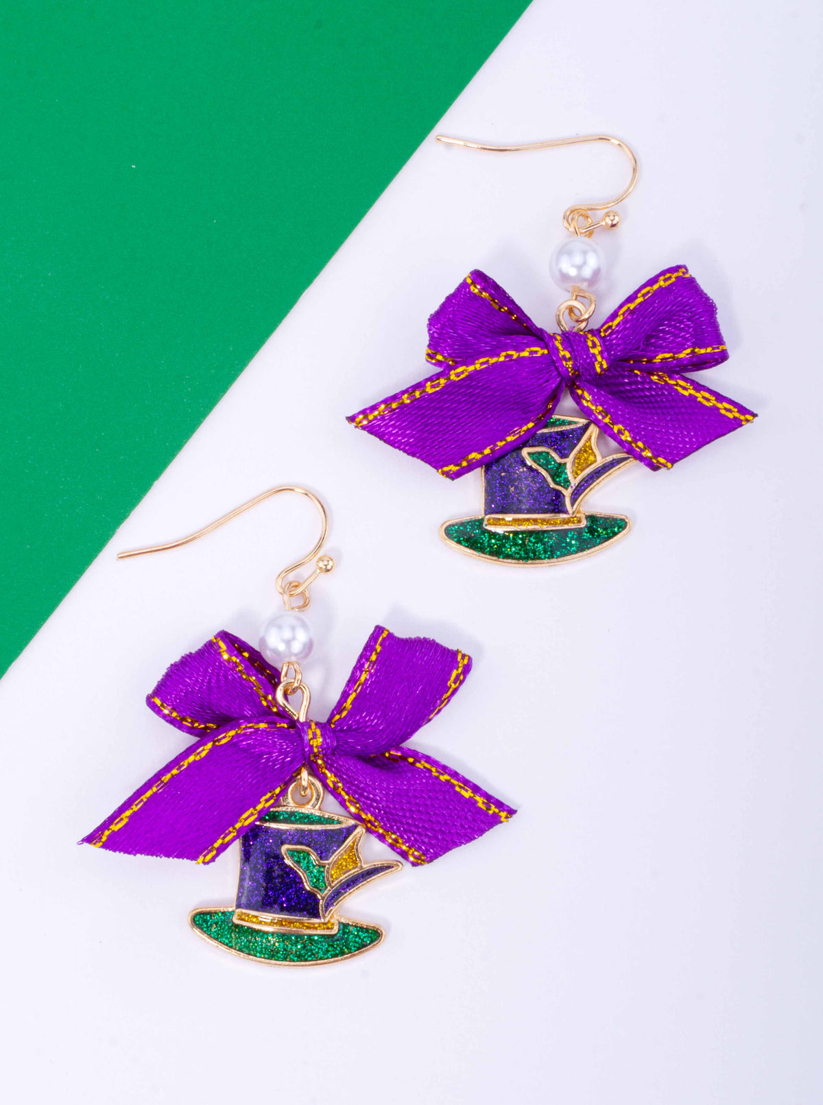 Glitter Mardi Gras Hat Bow Pearl Hook Earrings