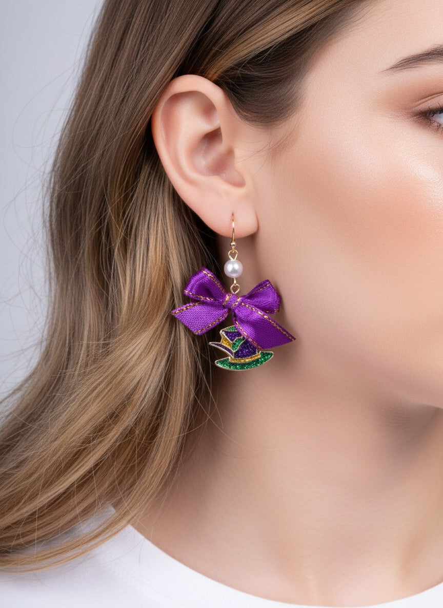 Glitter Mardi Gras Hat Bow Pearl Hook Earrings