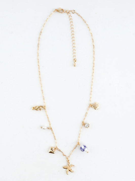 Starfish Pendant Charm Necklace Blue Porcelain