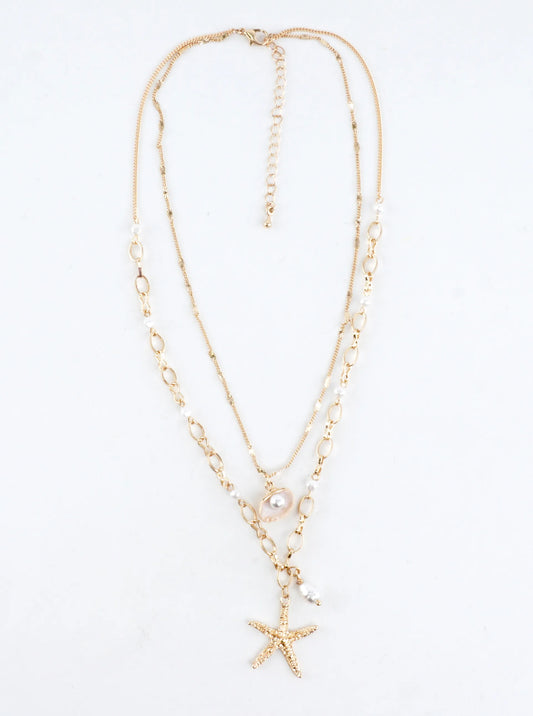 Beachy Starfish Pearl Layered Chain Necklace