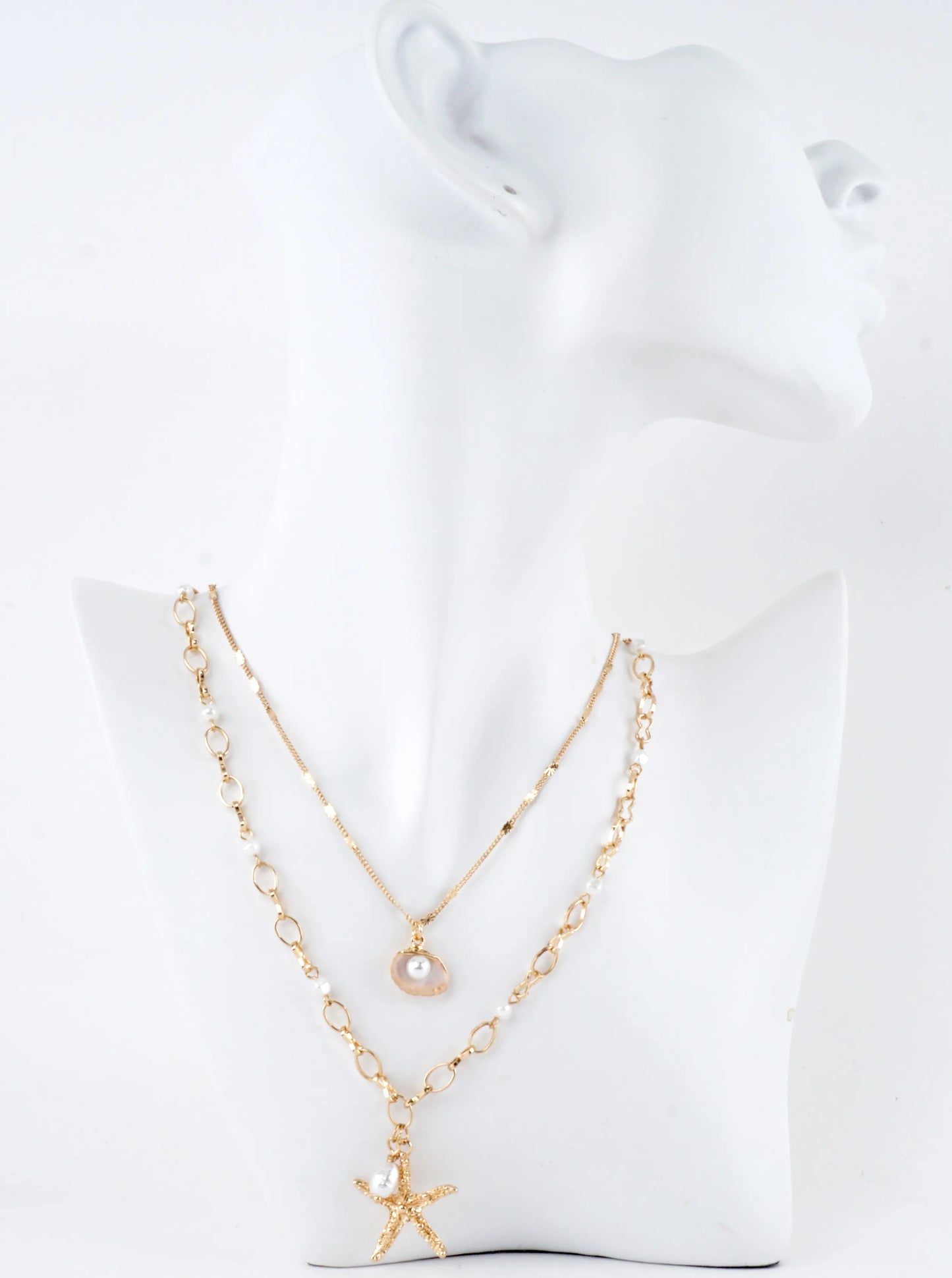 Beachy Starfish Pearl Layered Chain Necklace