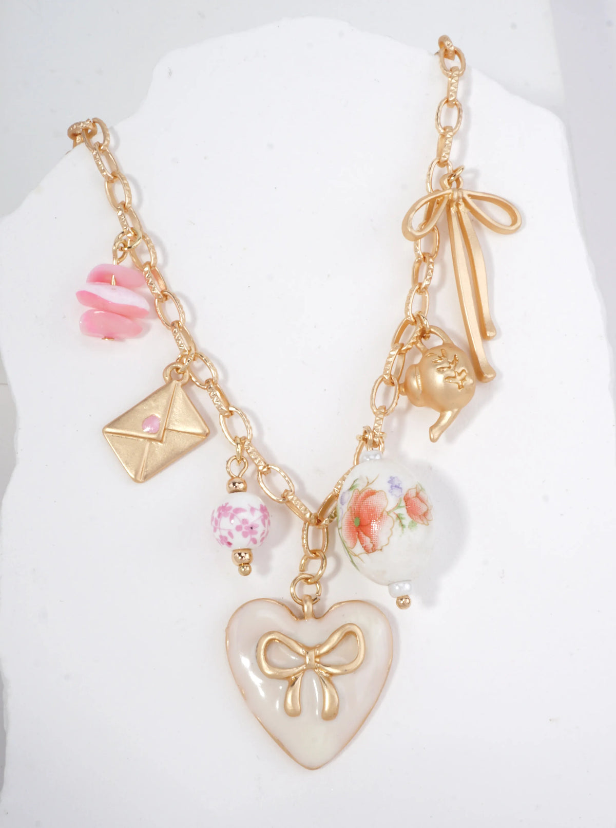 Coquette Charm Necklace With Bow & Heart Pendant