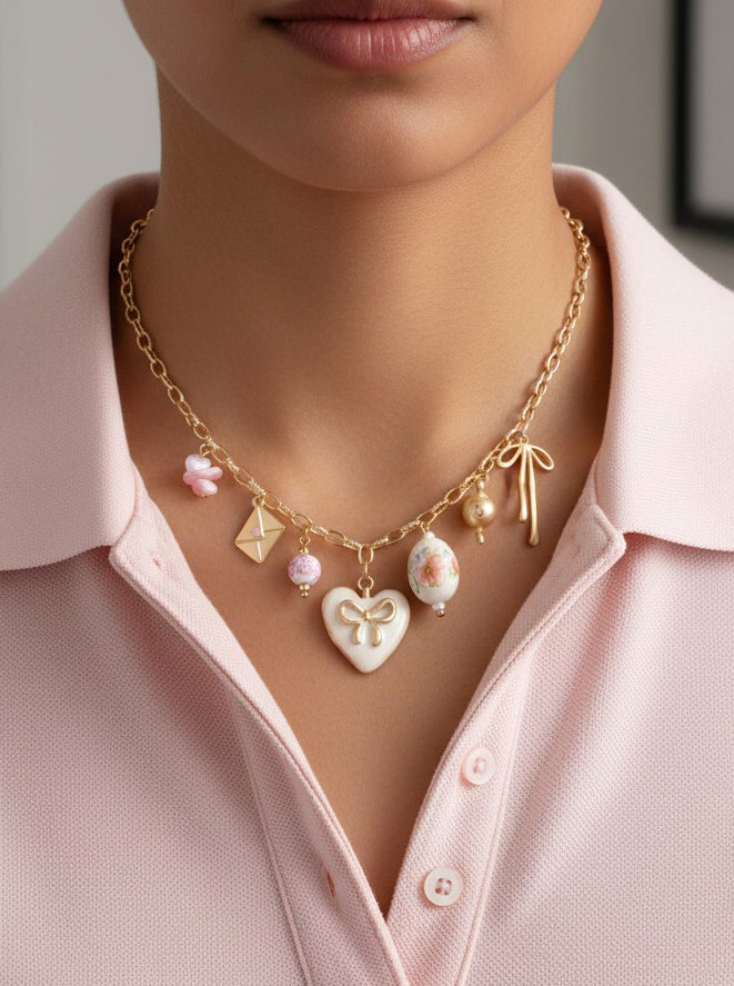 Coquette Charm Necklace With Bow & Heart Pendant