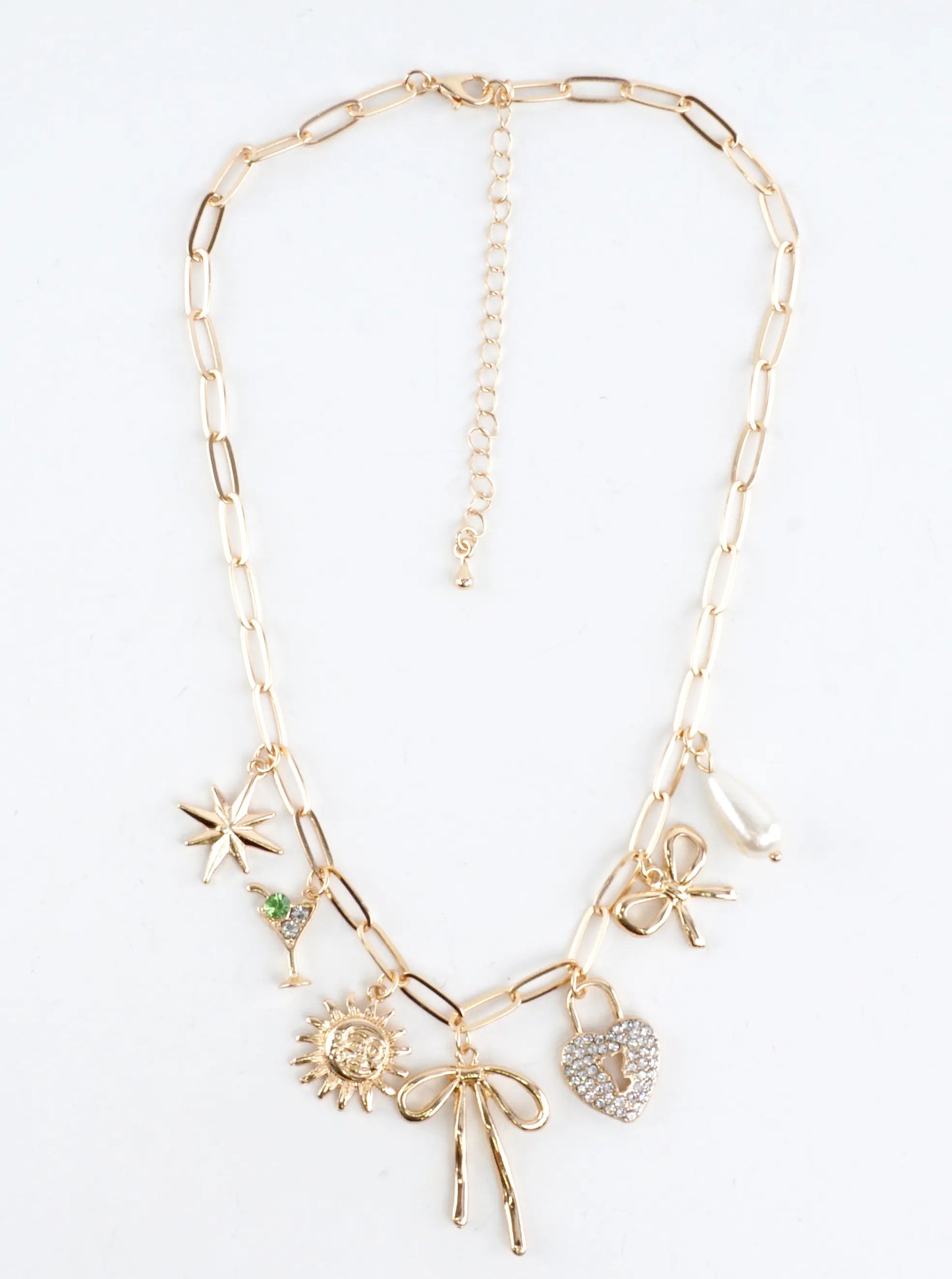 Paperclip Chain Statement Bow Heart Charm Necklace
