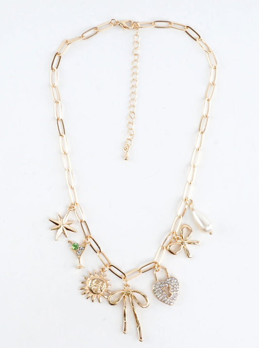 Paperclip Chain Statement Bow Heart Charm Necklace