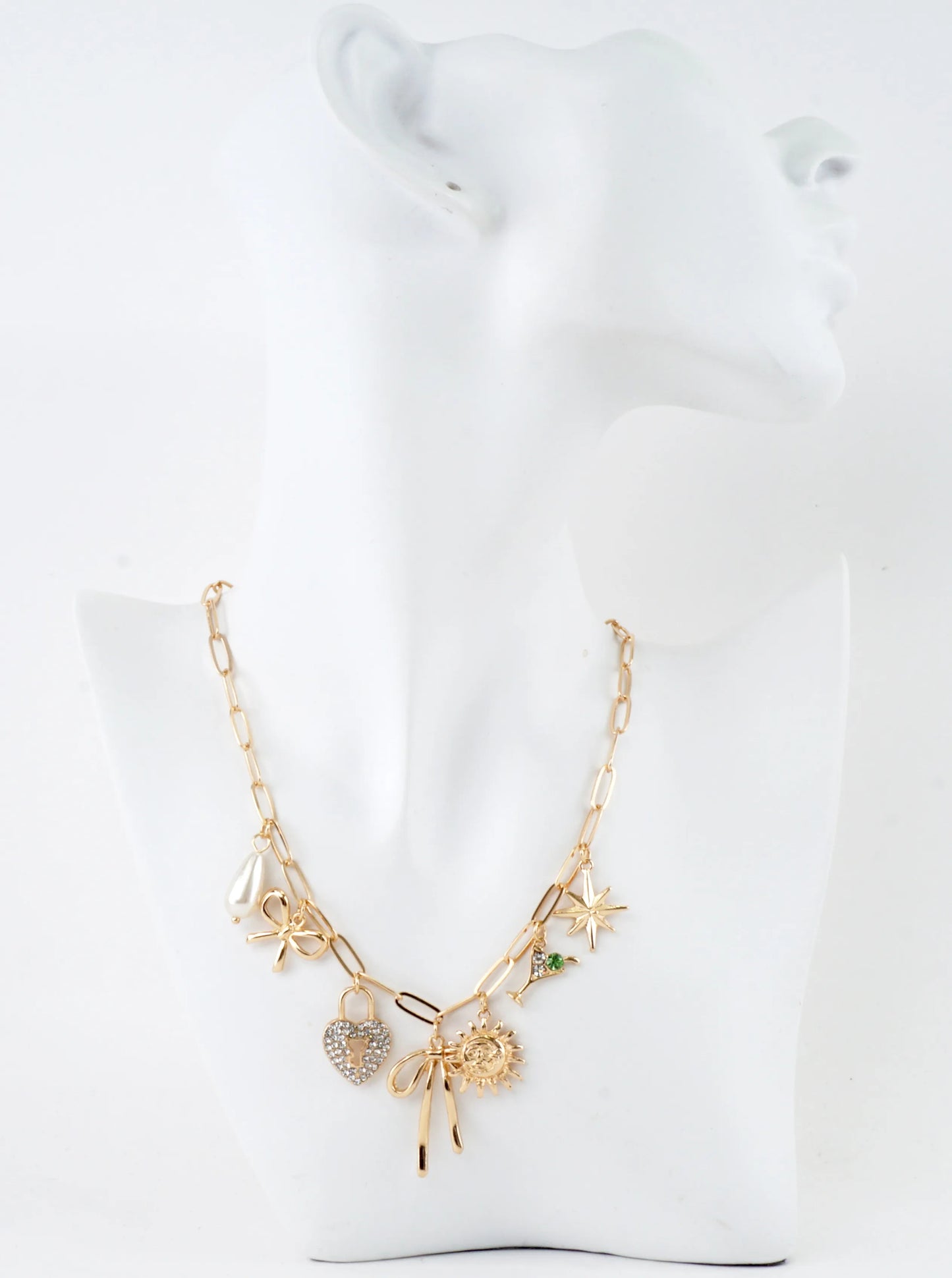 Paperclip Chain Statement Bow Heart Charm Necklace