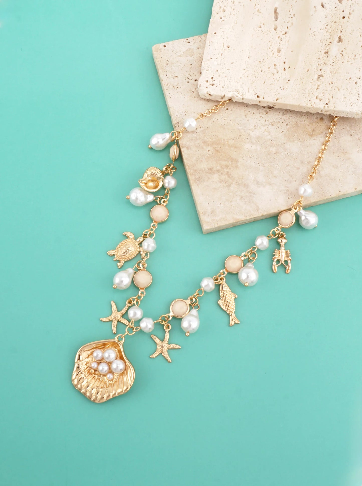 Coastal Sea Life Charm Necklace With Pearls