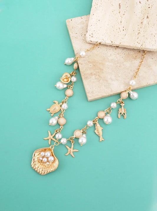 Coastal Sea Life Charm Necklace With Pearls