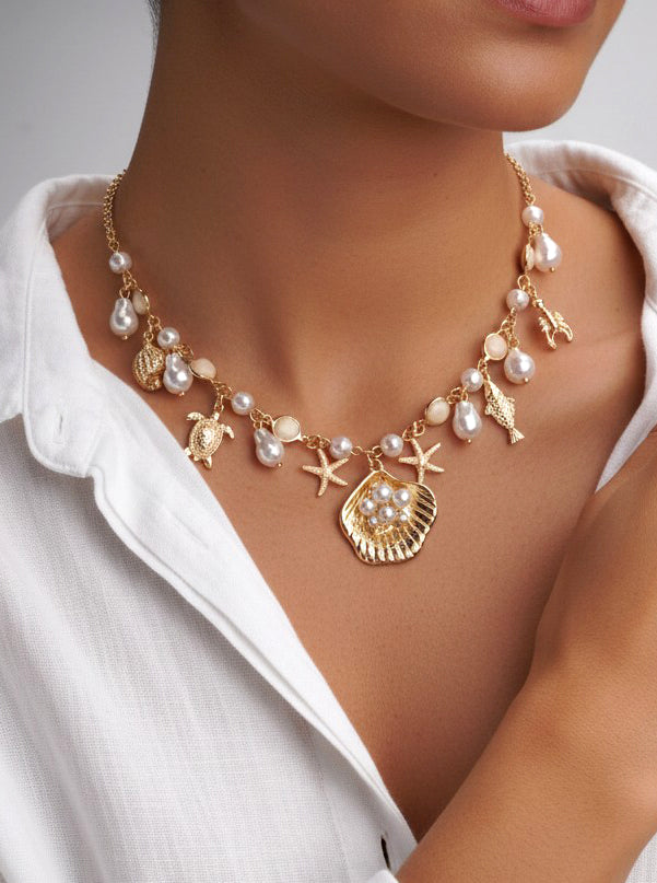 Coastal Sea Life Charm Necklace With Pearls