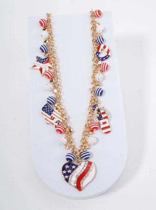Patriotic Heart Charm Enameled Necklace