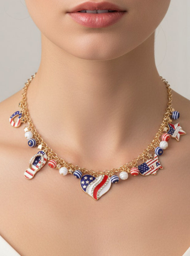 Patriotic Heart Charm Enameled Necklace