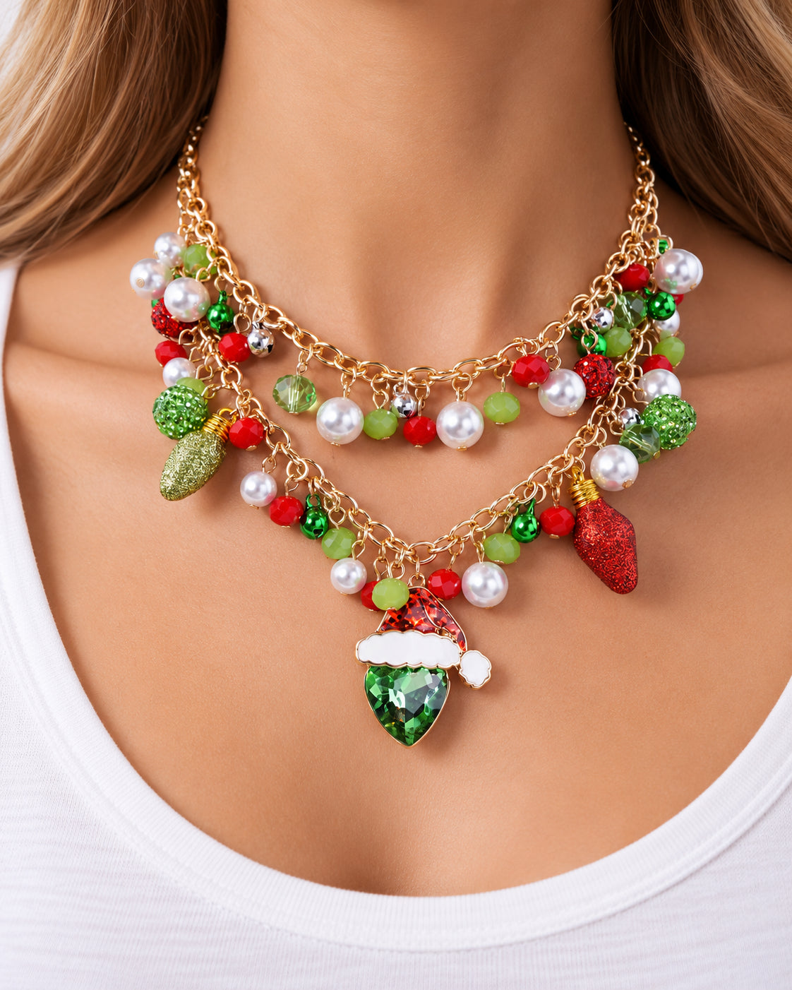 Christmas Charm Beaded Double Strand Necklace