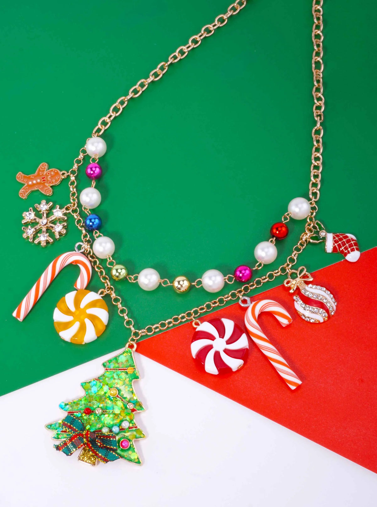 Christmas Candy Tree Pearl Charm Layered Necklace - Gold