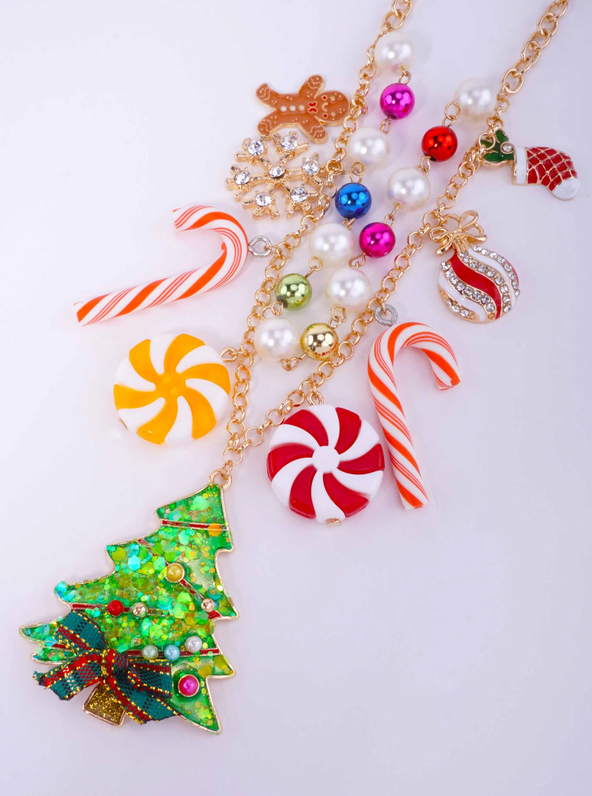 Christmas Candy Tree Pearl Charm Layered Necklace - Gold