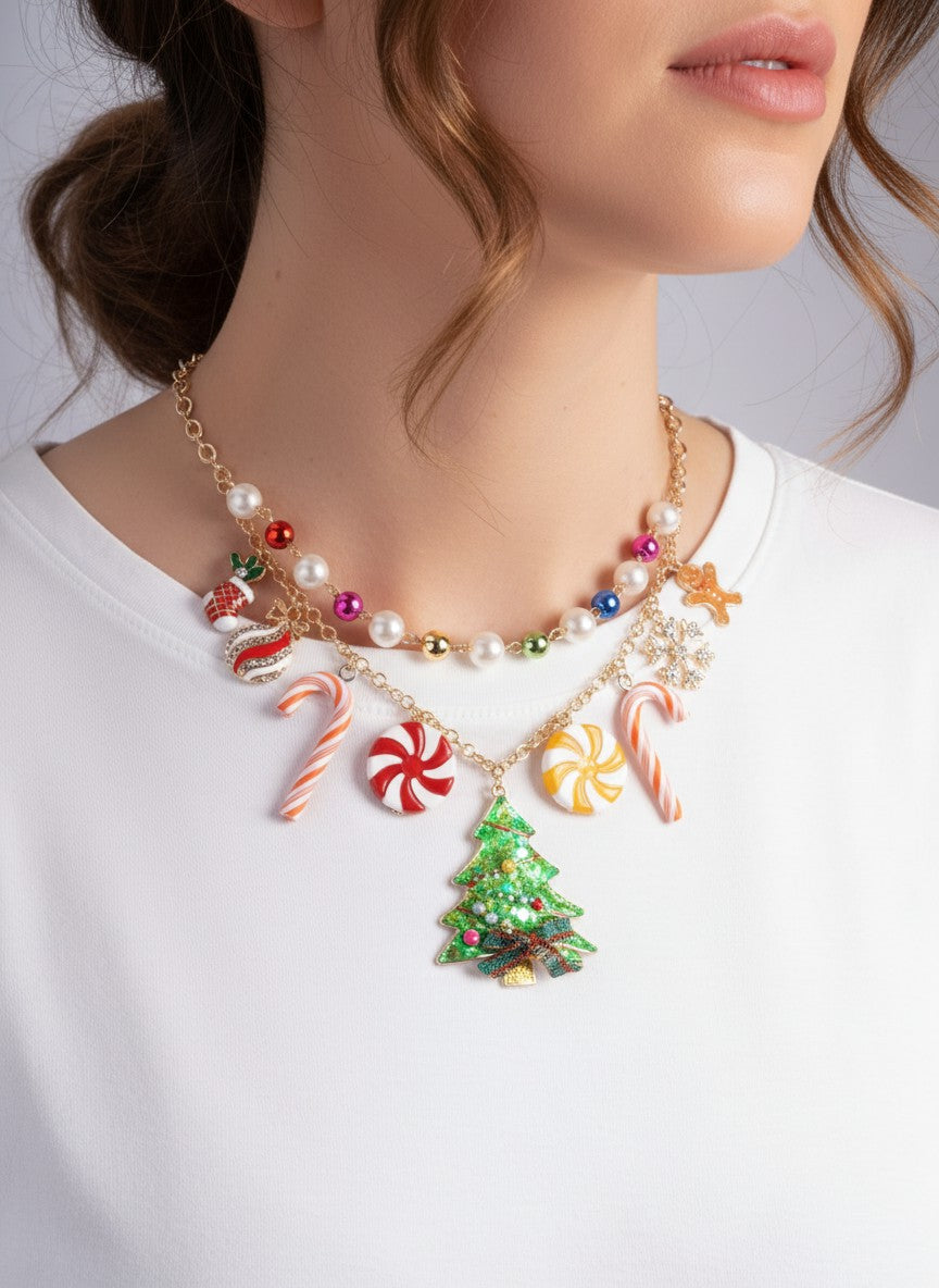 Christmas Candy Tree Pearl Charm Layered Necklace - Gold