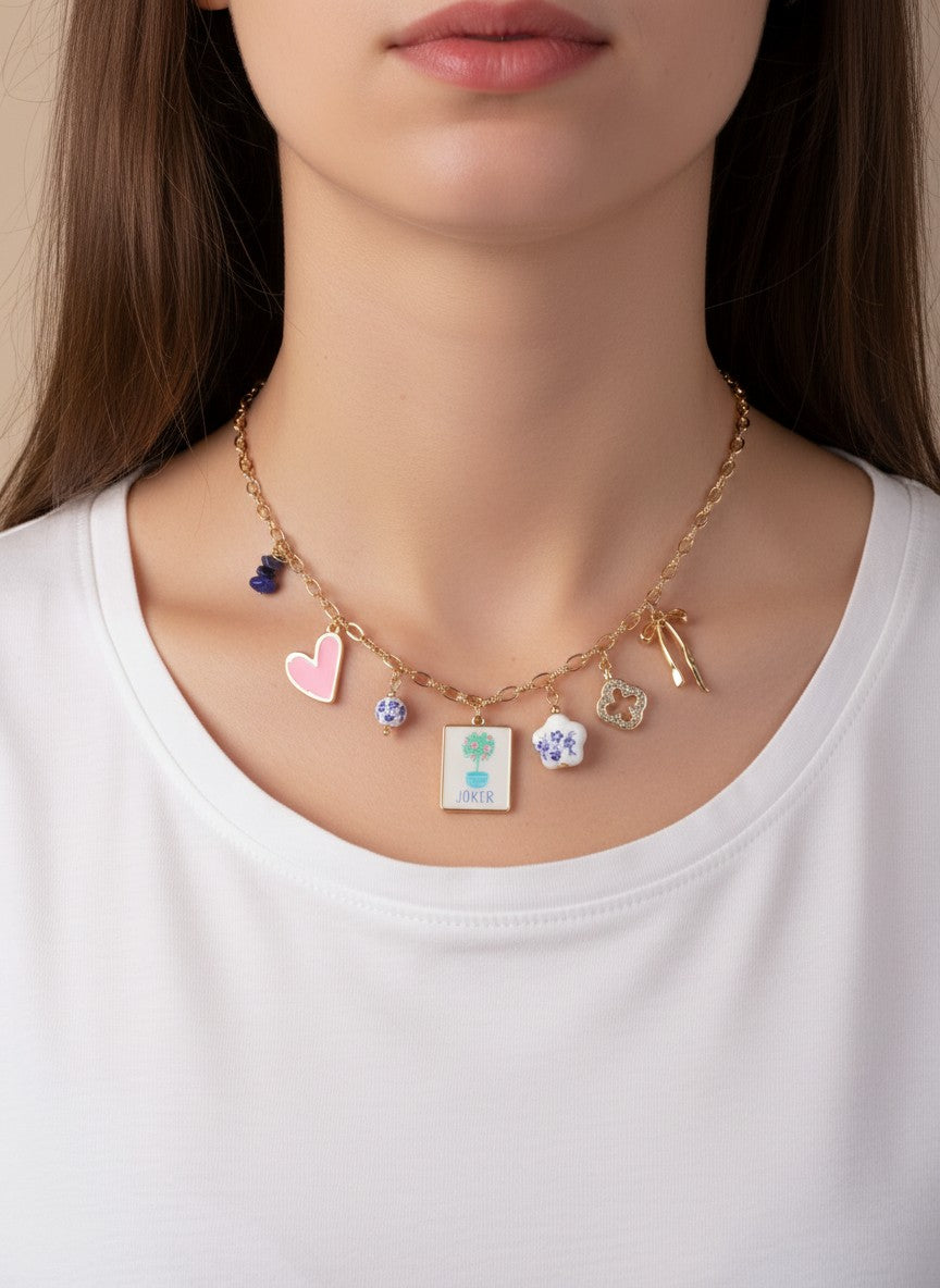 Multi Charm Paper Clip Chain Necklace