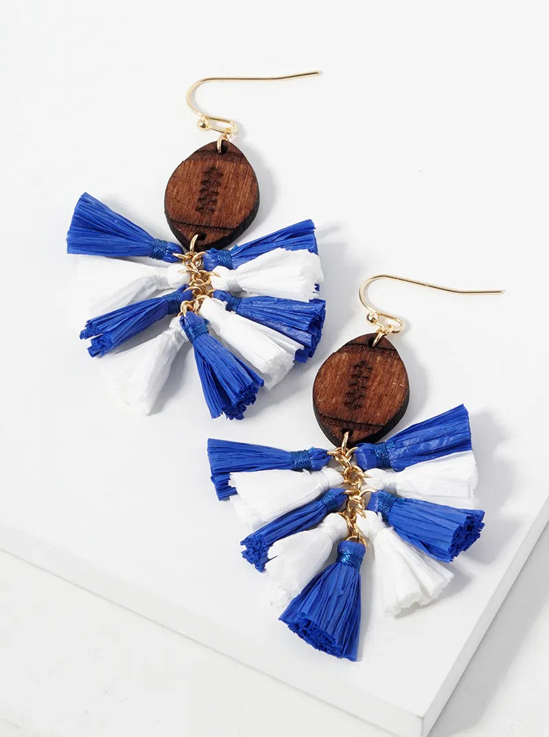 Game Day Wooden Football And Raffia Tassels Drop Dangle Earrings