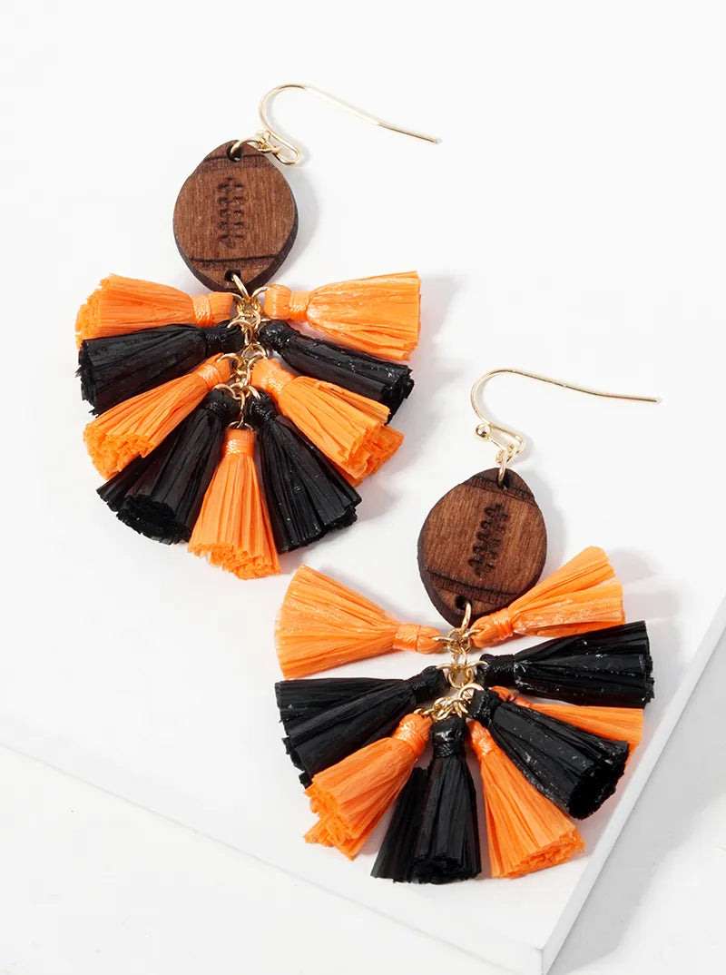 Game Day Wooden Football And Raffia Tassels Drop Dangle Earrings