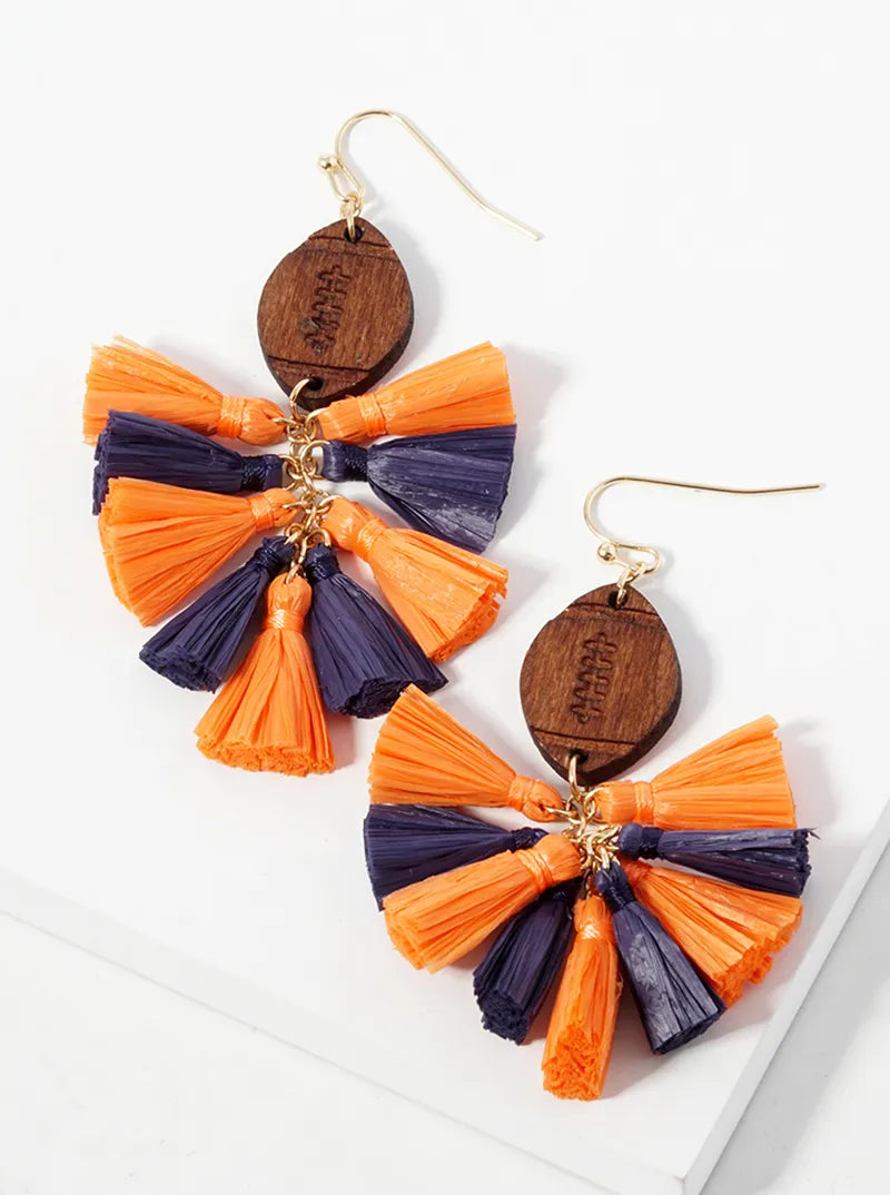 Game Day Wooden Football And Raffia Tassels Drop Dangle Earrings
