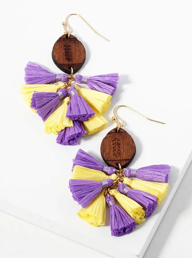 Game Day Wooden Football And Raffia Tassels Drop Dangle Earrings