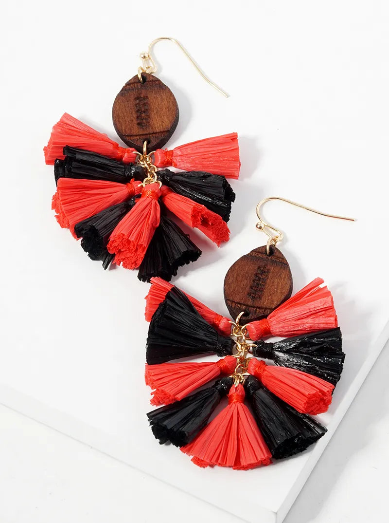 Game Day Wooden Football And Raffia Tassels Drop Dangle Earrings