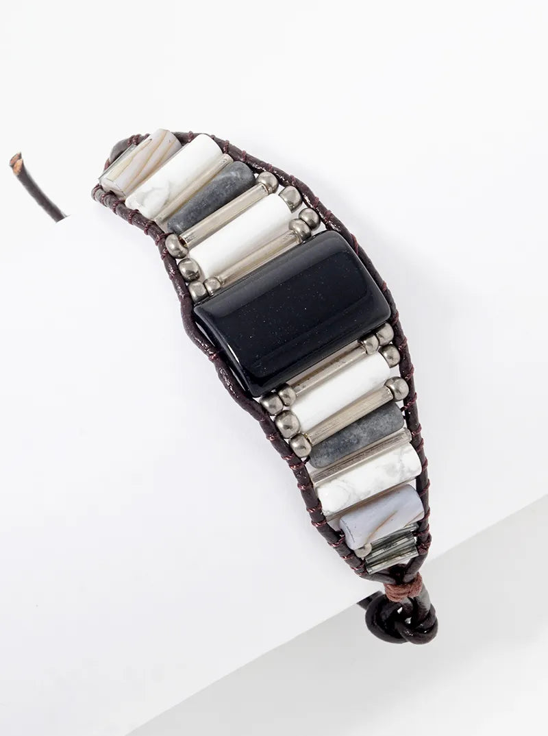 Genuine Leather And Semiprecious Stone Knotted Button Bracelet