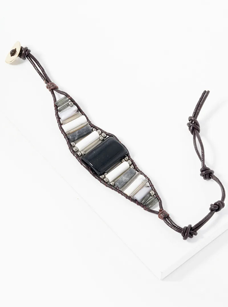 Genuine Leather And Semiprecious Stone Knotted Button Bracelet