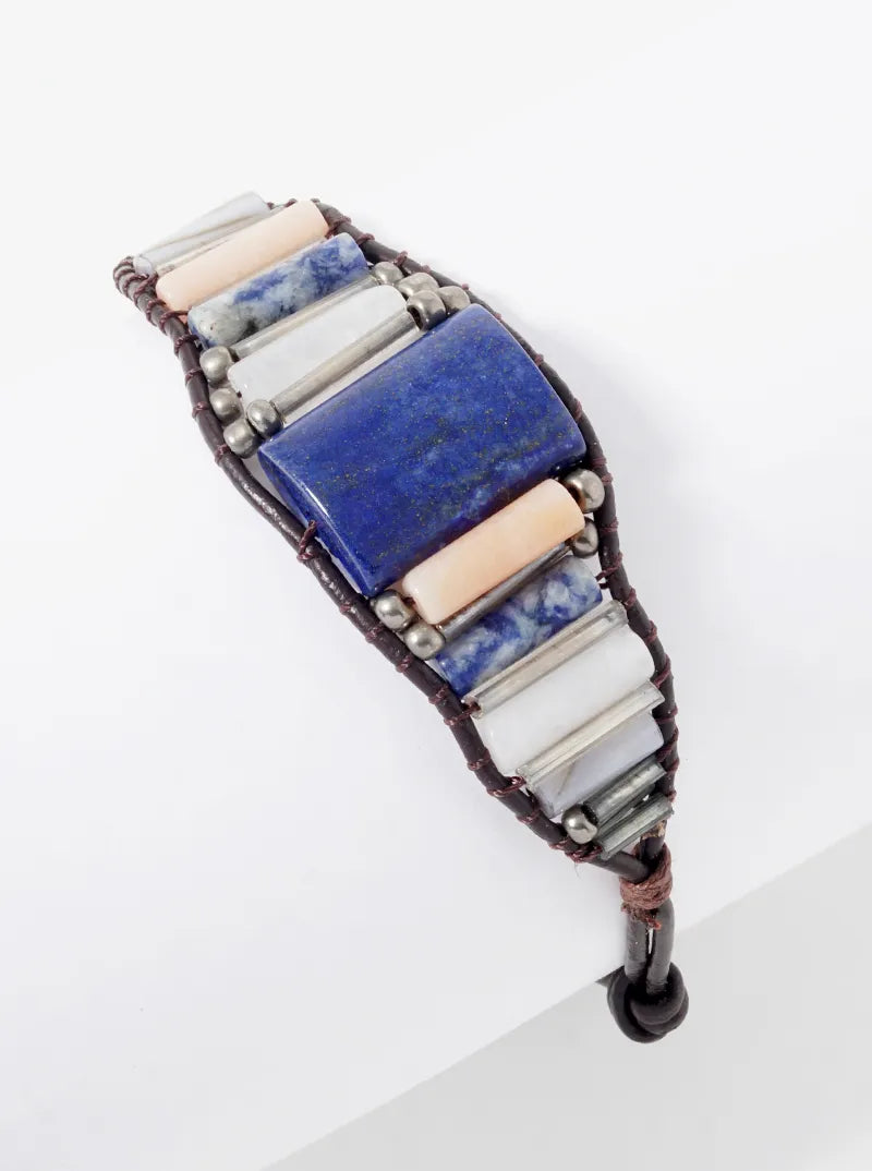 Genuine Leather And Semiprecious Stone Knotted Button Bracelet